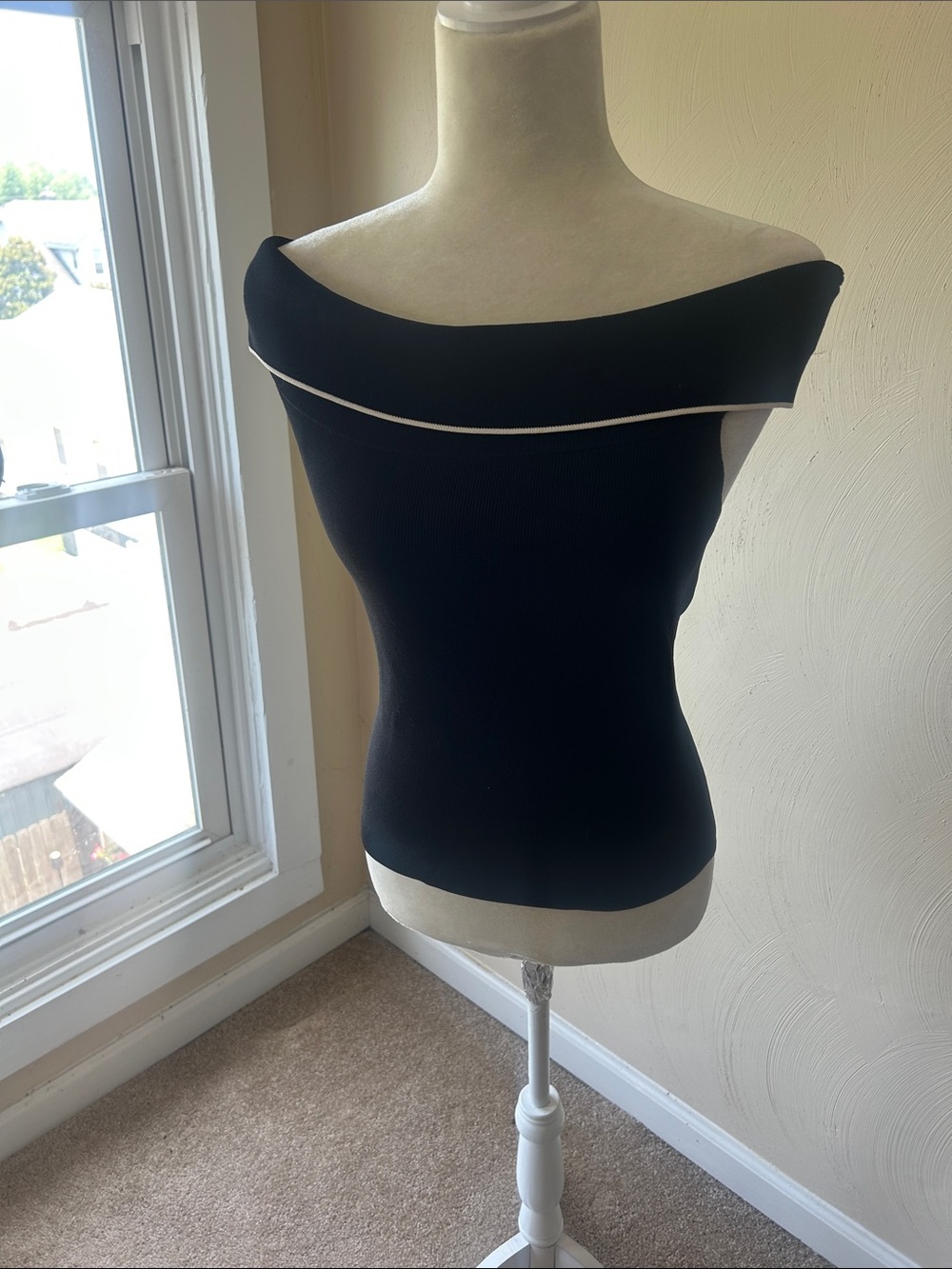 Venini Black Off-Shoulder Ribbed Top with Contrast Trim